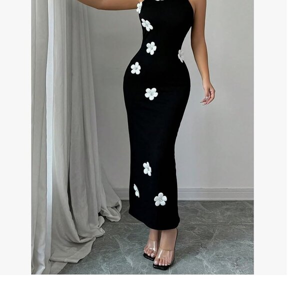 CLASSY COCO Black 3D Flower Form Fitting Sleeveless Dress M / L - Picture 4 of 6